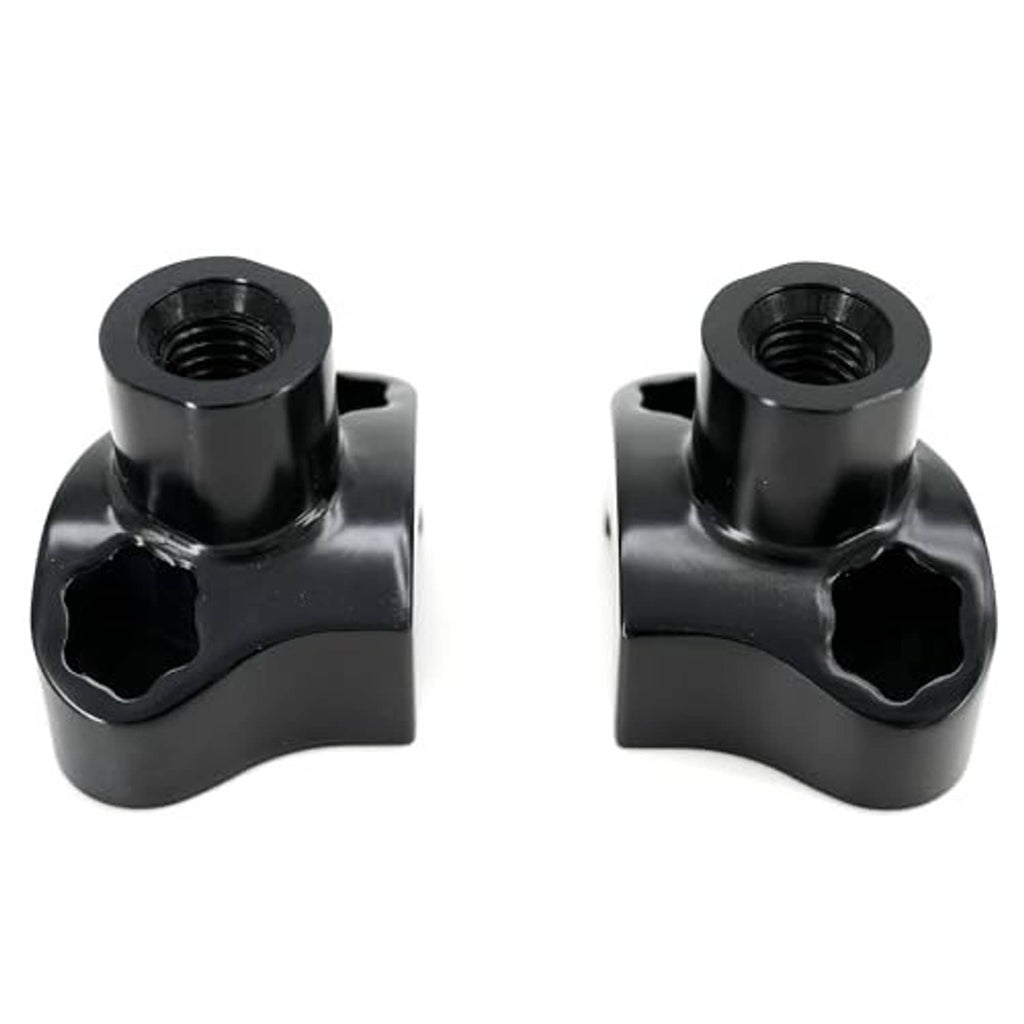 Black handlebar risers with female threads on top and U-shaped clamp posts