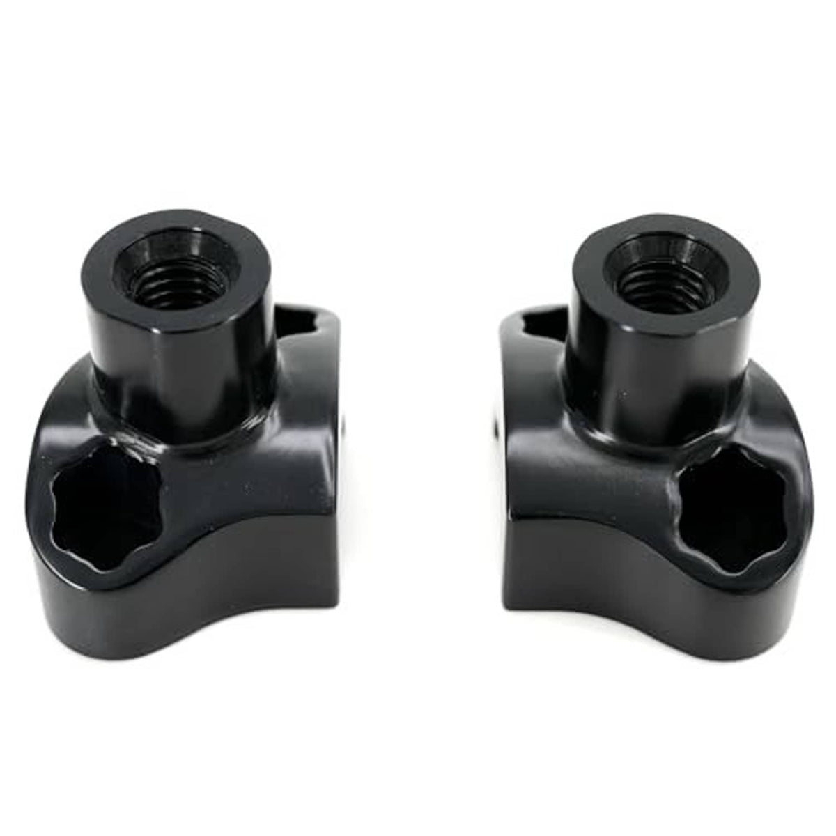 Black handlebar risers with female threads on top and U-shaped clamp posts
