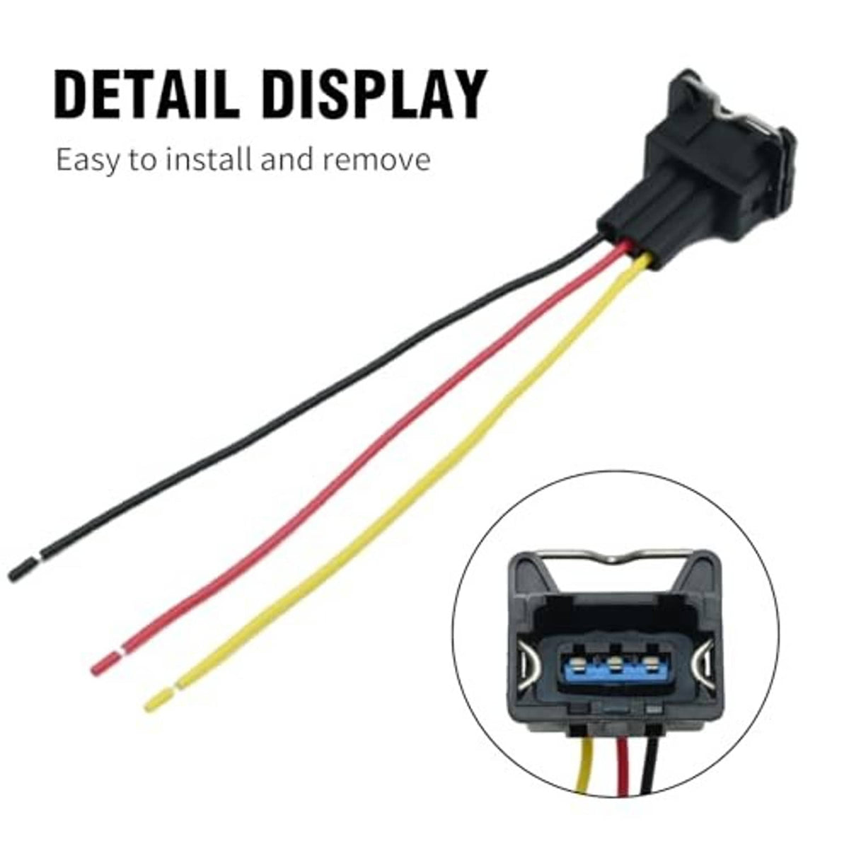 3-pin wiring harness with black connector body and red, yellow, and black terminals