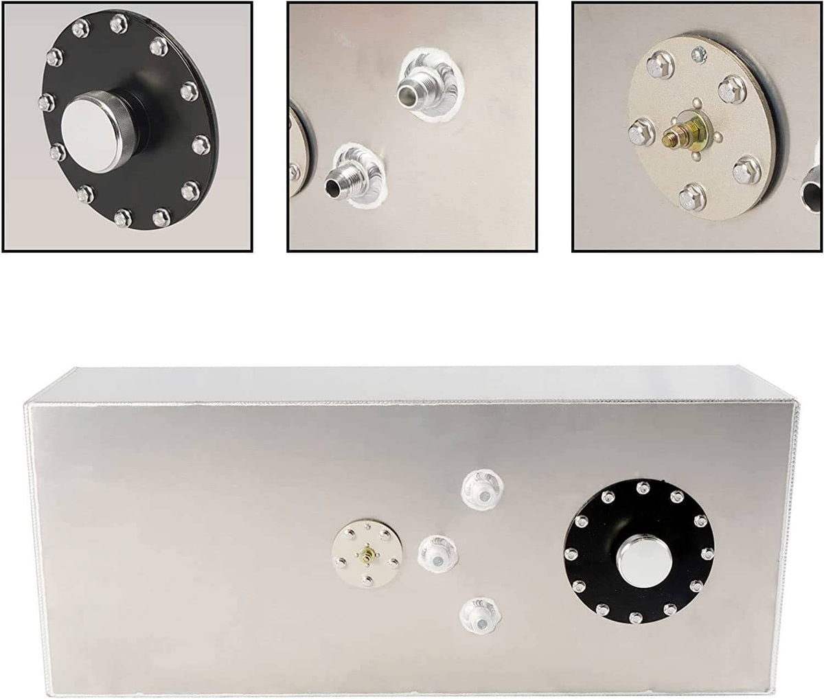Silver fuel cell tank front face with fuel cap and level sender ports