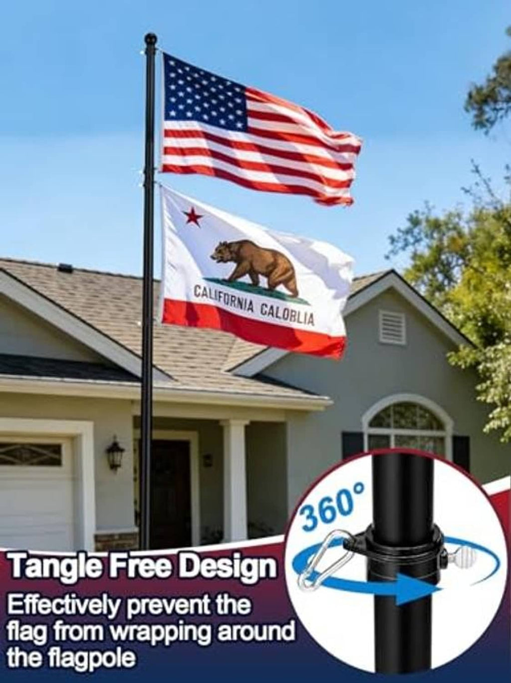 Tangle-free 10 ft flag pole with 360° rotating ring to prevent flag wrapping.