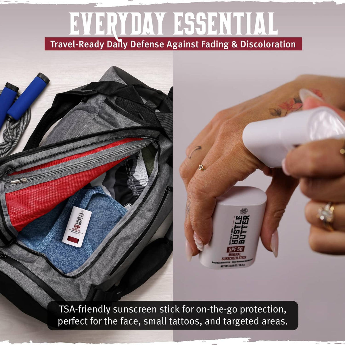 Hustle Butter SPF 50 mineral sunscreen stick held for quick travel application