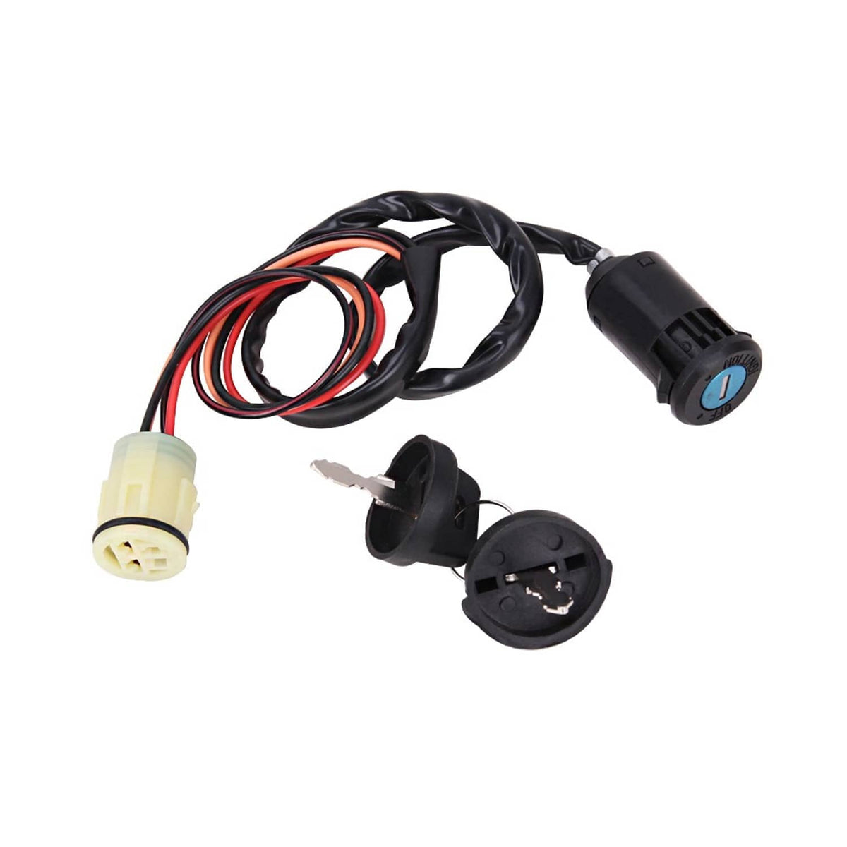 Ignition switch key assembly with wiring harness and black key switch cylinder with blue button
