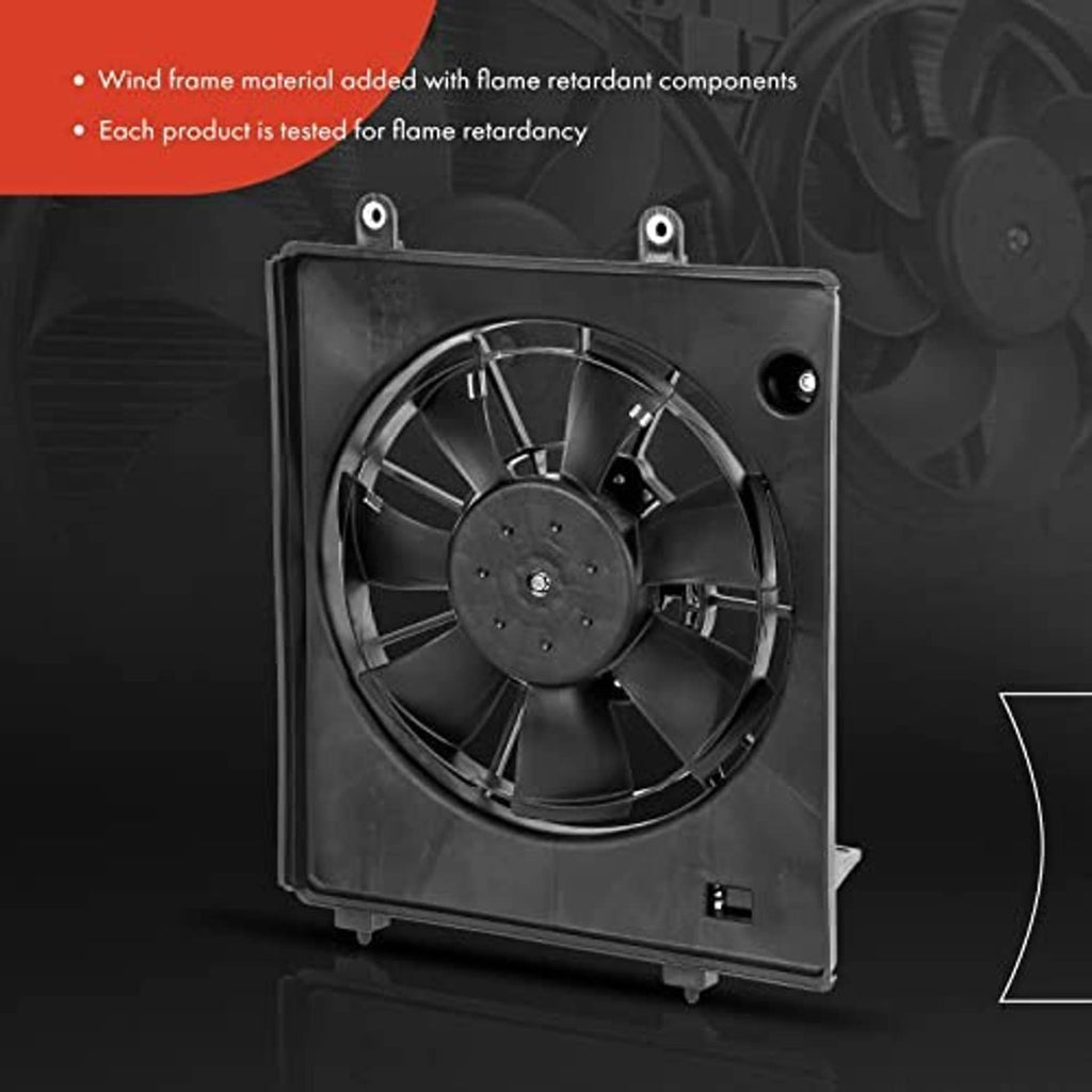 Black A/C condenser cooling fan in square shroud with center motor and side grommet