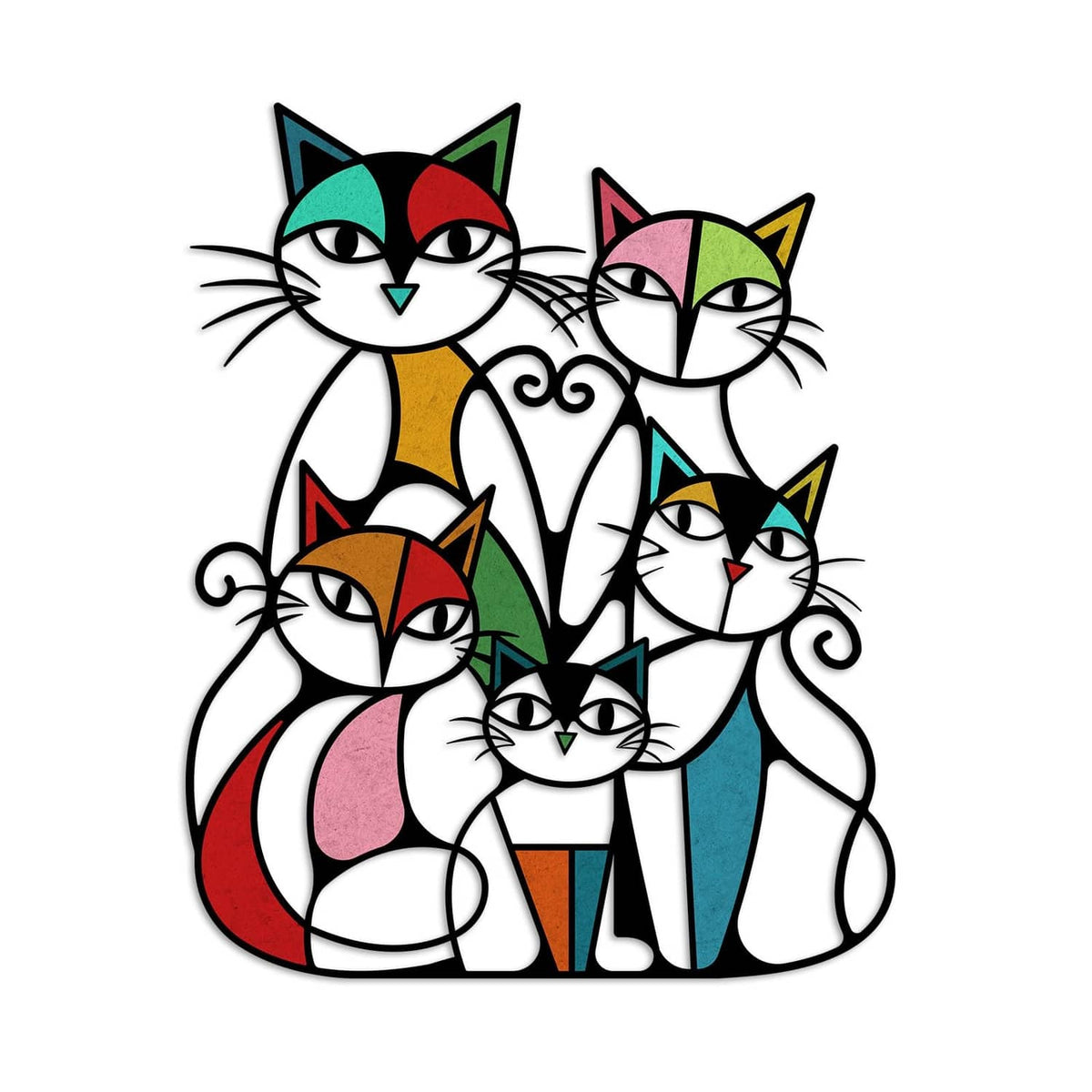 Colorful metal cat wall art with five retro cats in red, green, and blue