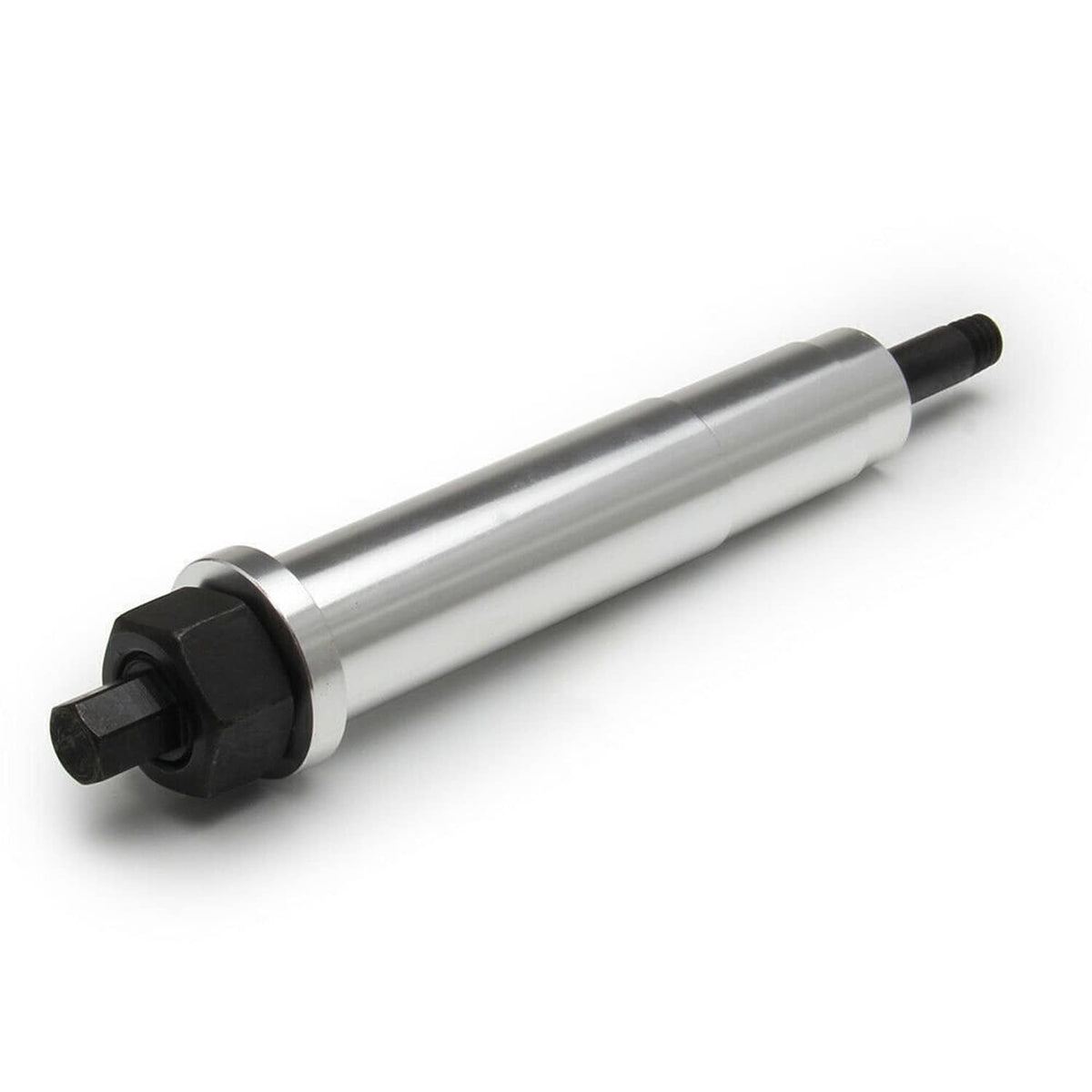 Spark plug remover tool with silver cylinder body and black threaded drive end