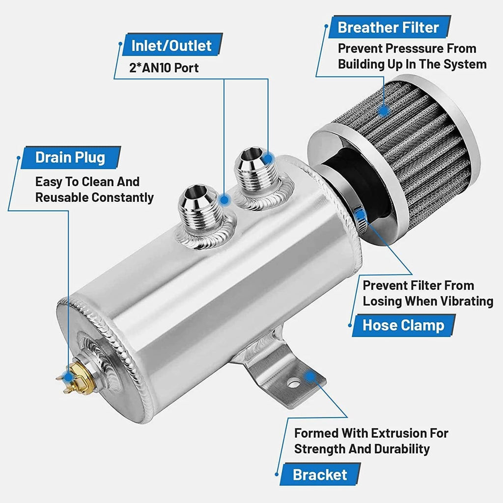 Aluminum oil catch can with breather filter, drain plug, and hose clamp fittings