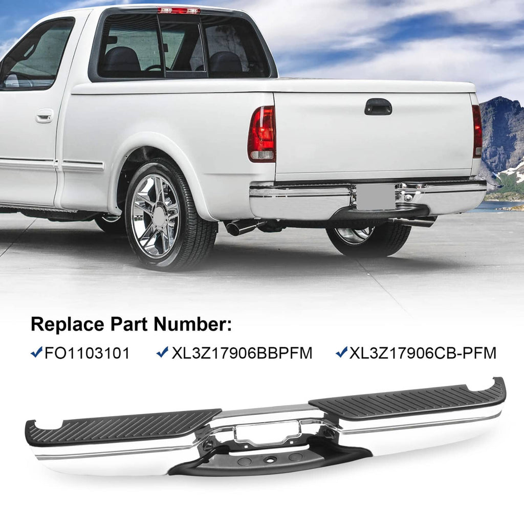 Truck rear step bumper assembly with chrome finish and black textured step pads