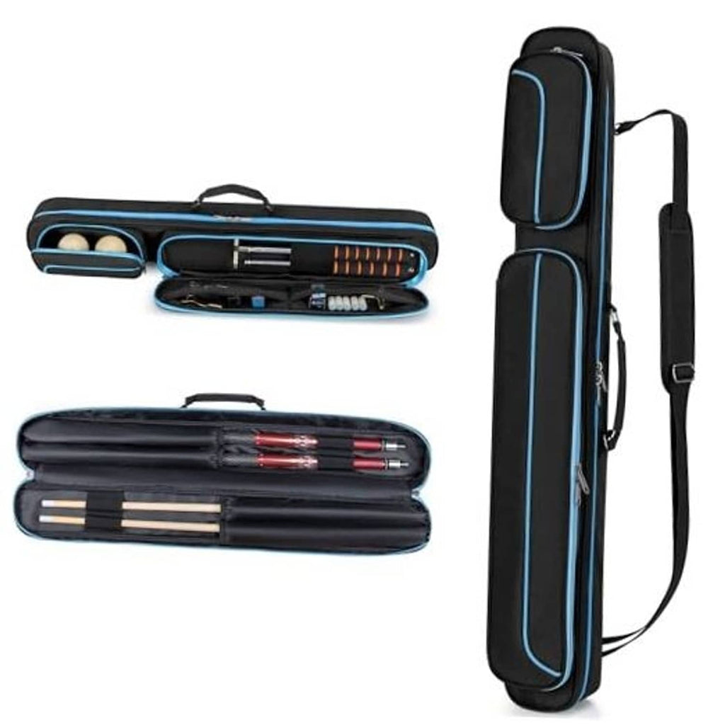 Blue-trim pool cue case shown open and closed, with interior pockets and carry handle