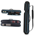 Blue-trim pool cue case shown open and closed, with interior pockets and carry handle