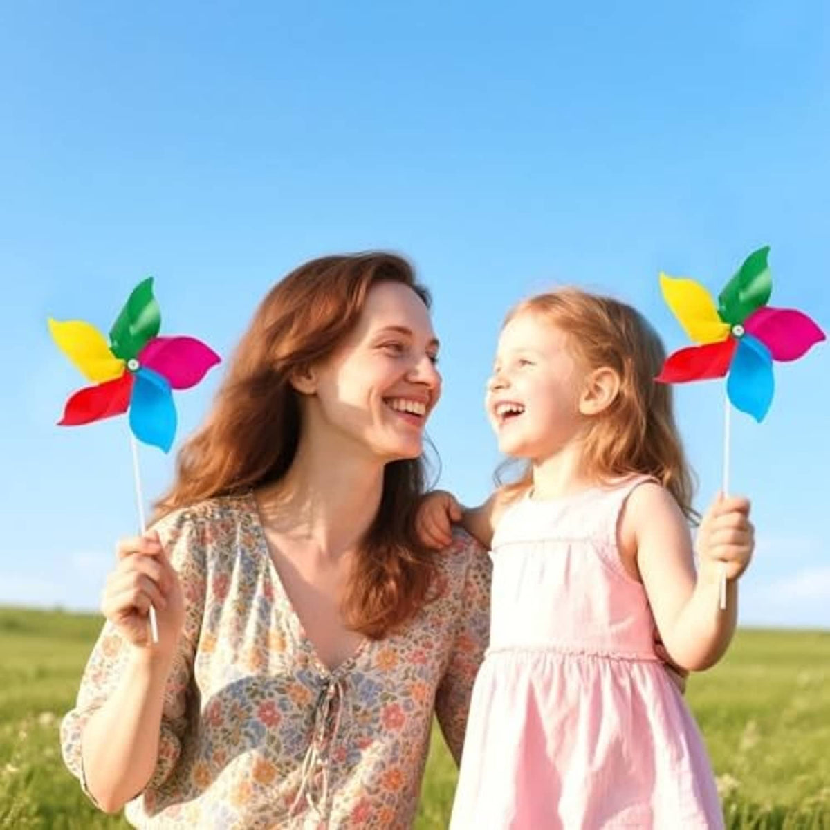 Parent and child holding rainbow pinwheel wind spinners with multicolor flower blades