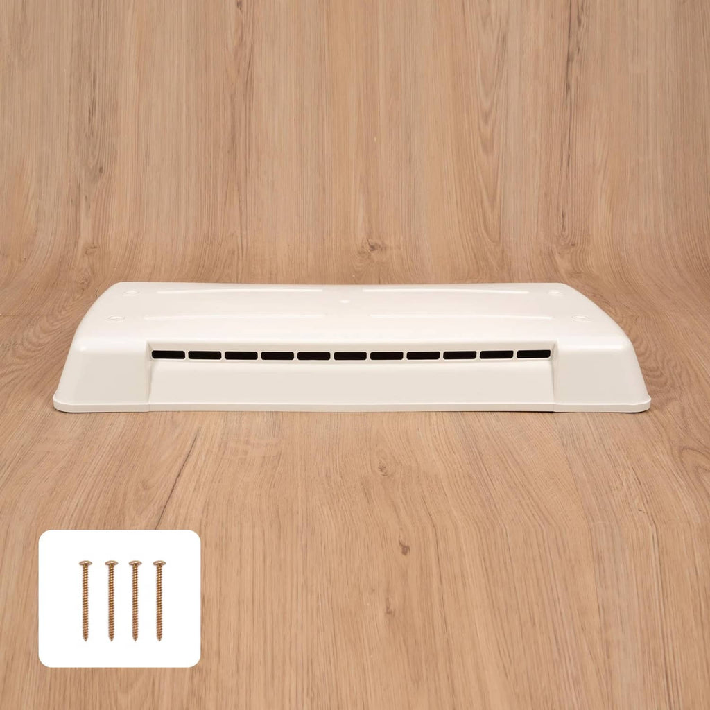 White refrigerator vent cover with louvered grille and mounting screws