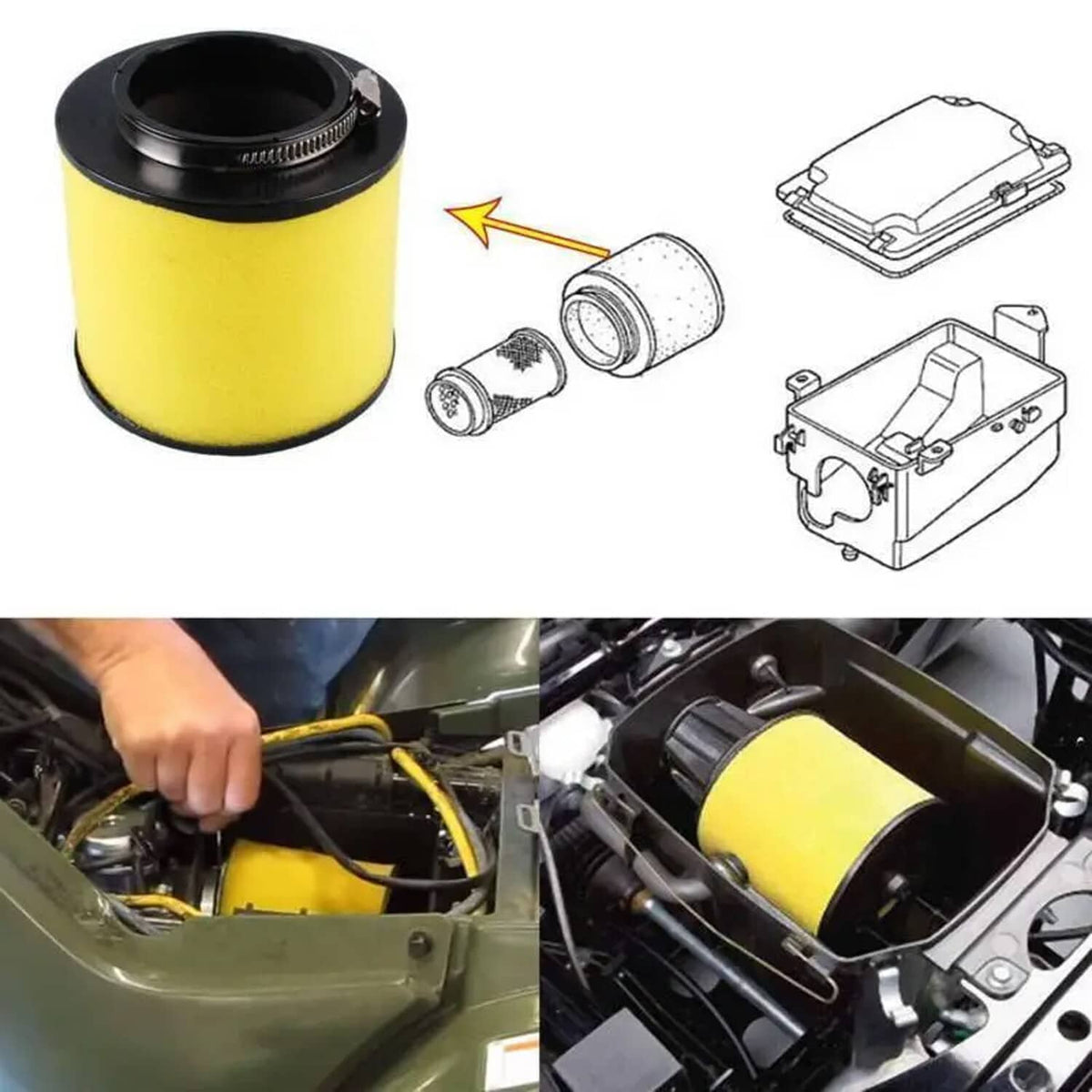 ATV air filter with yellow foam element, clamp band, and engine bay installation view