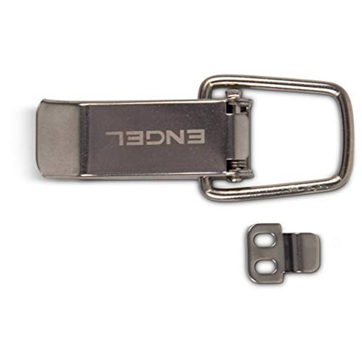 Stainless steel latch with separate mounting clip and retaining bracket