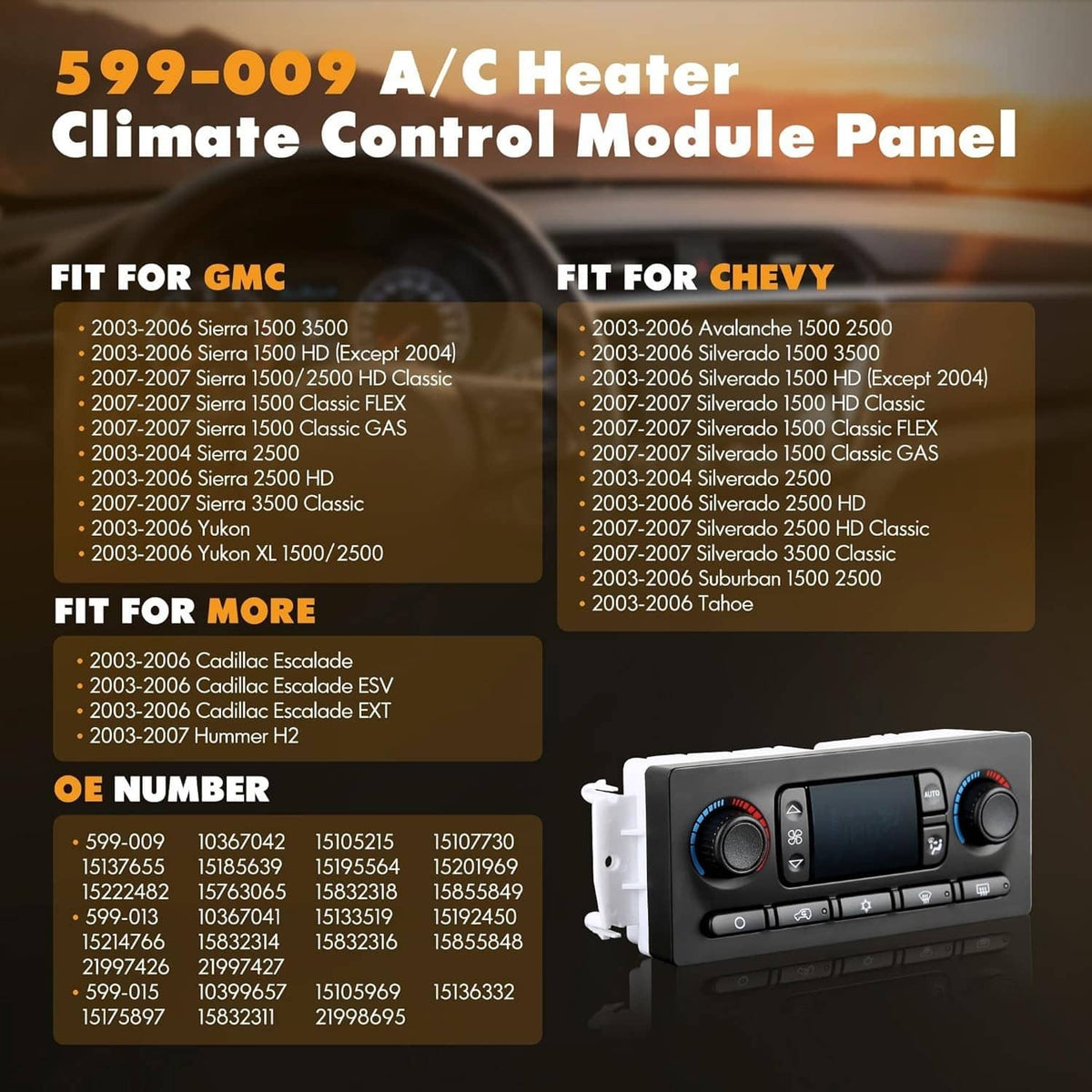 A/C heater climate control module panel with LCD display and dual temperature dials