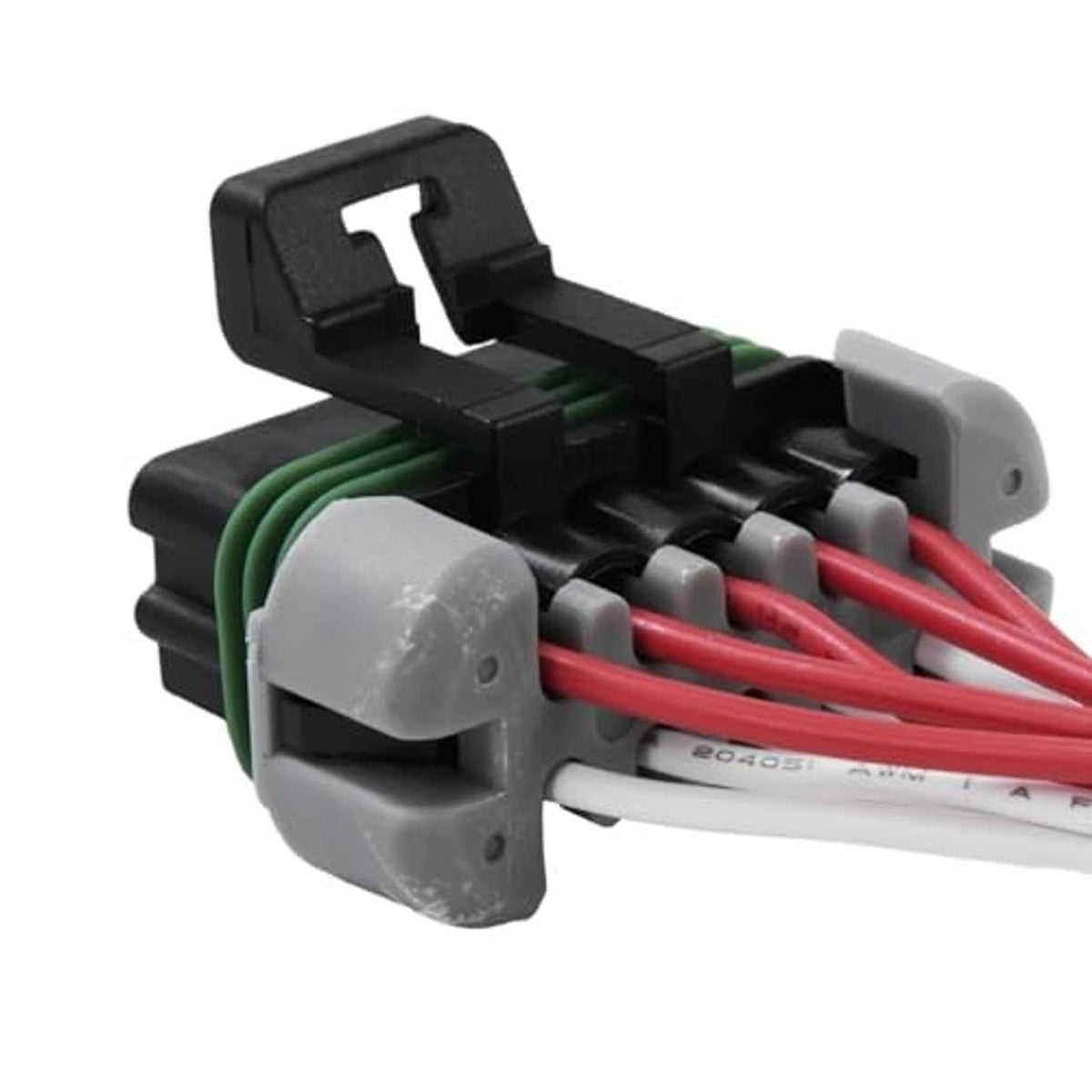 Auto headlight wiring connector pigtail, black housing, green contacts, red cable leads
