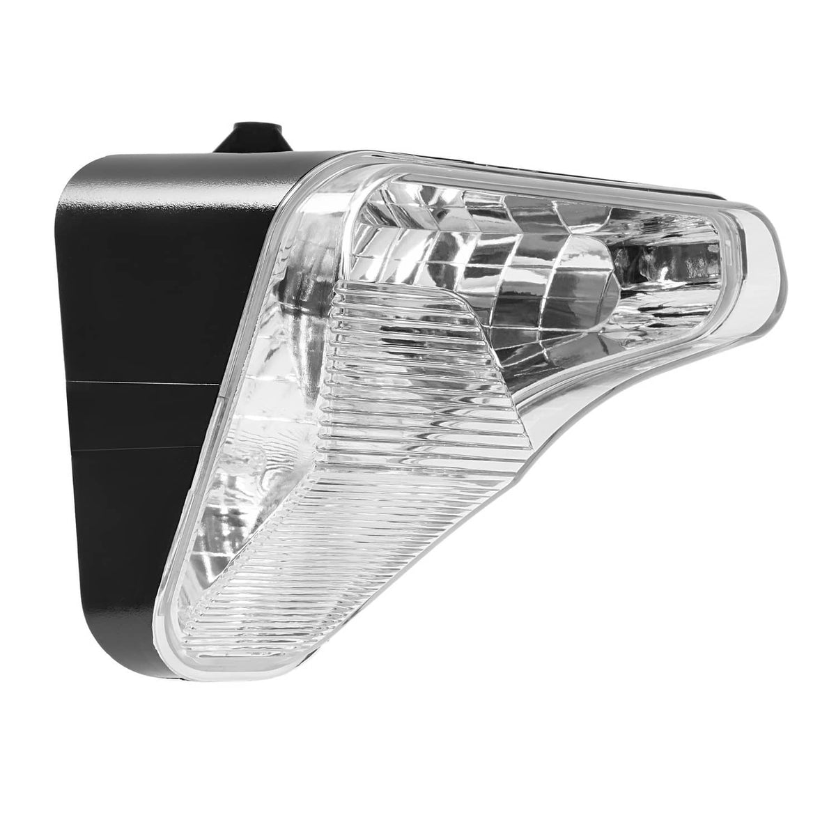 Right headlight lamp with clear lens and chrome reflector, black housing side