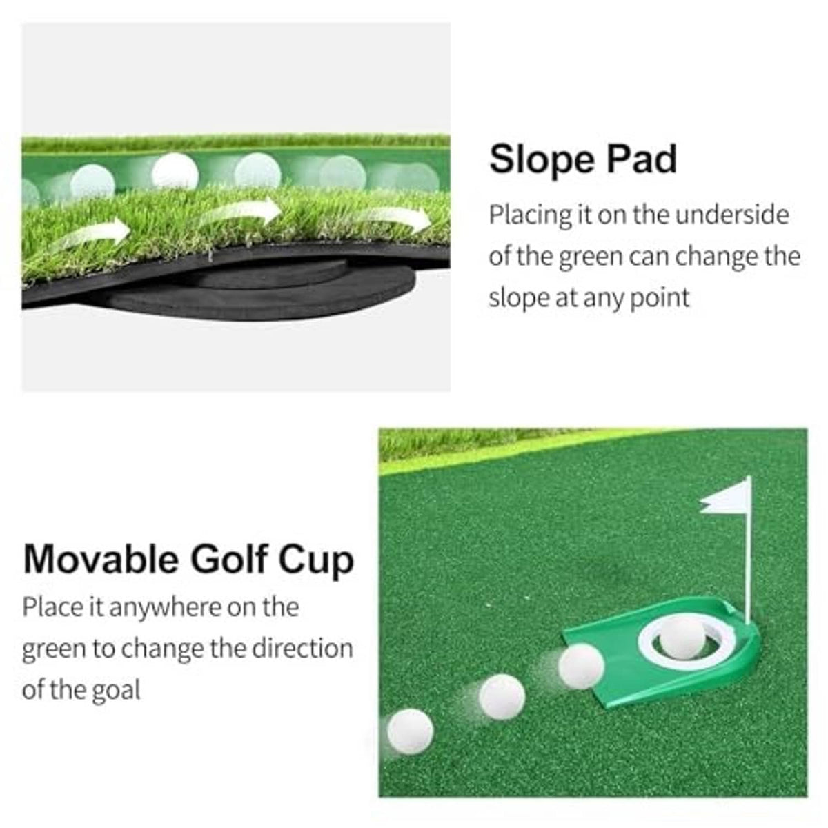 Green golf putting mat showing underside slope pad and movable golf cup with flag