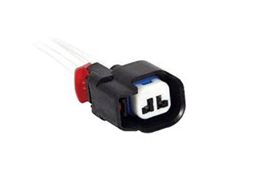 Black multi-purpose pigtail connector with white plug and red/blue accent terminals