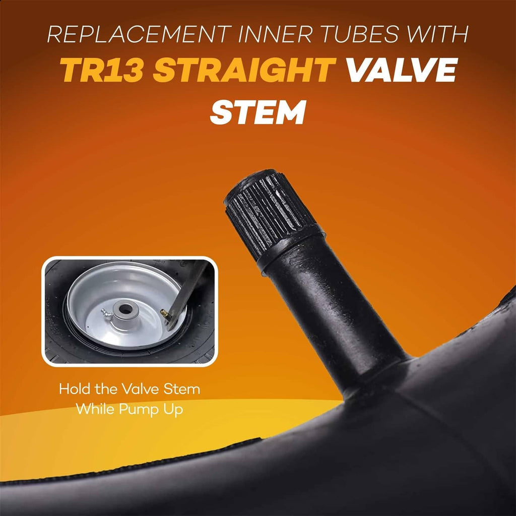 Black inner tube with TR13 straight valve stem and close-up stem detail