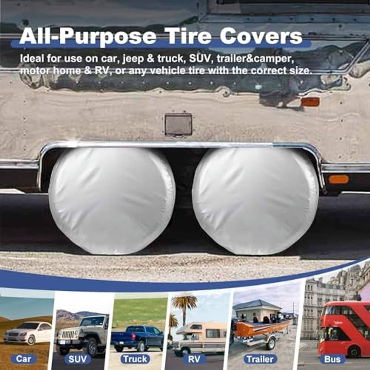 Two silver-gray tire covers fitted over vehicle tires, rounded fabric cover