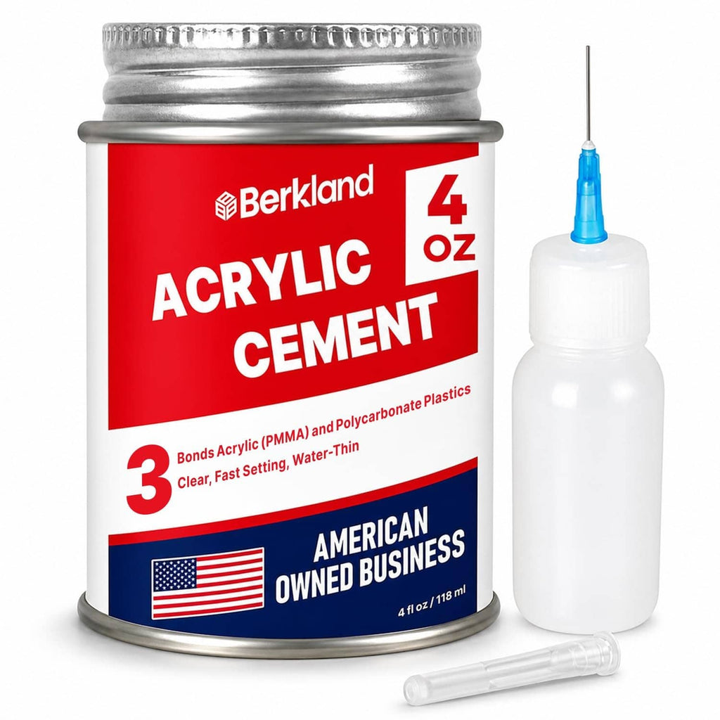 Clear acrylic cement canister with needle-tip applicator bottle and small tubing tip