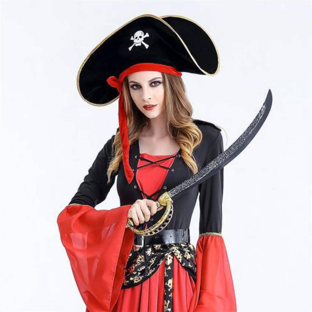 Pirate tricorn hat on model: black hat with white skull emblem, gold trim, red band and ties