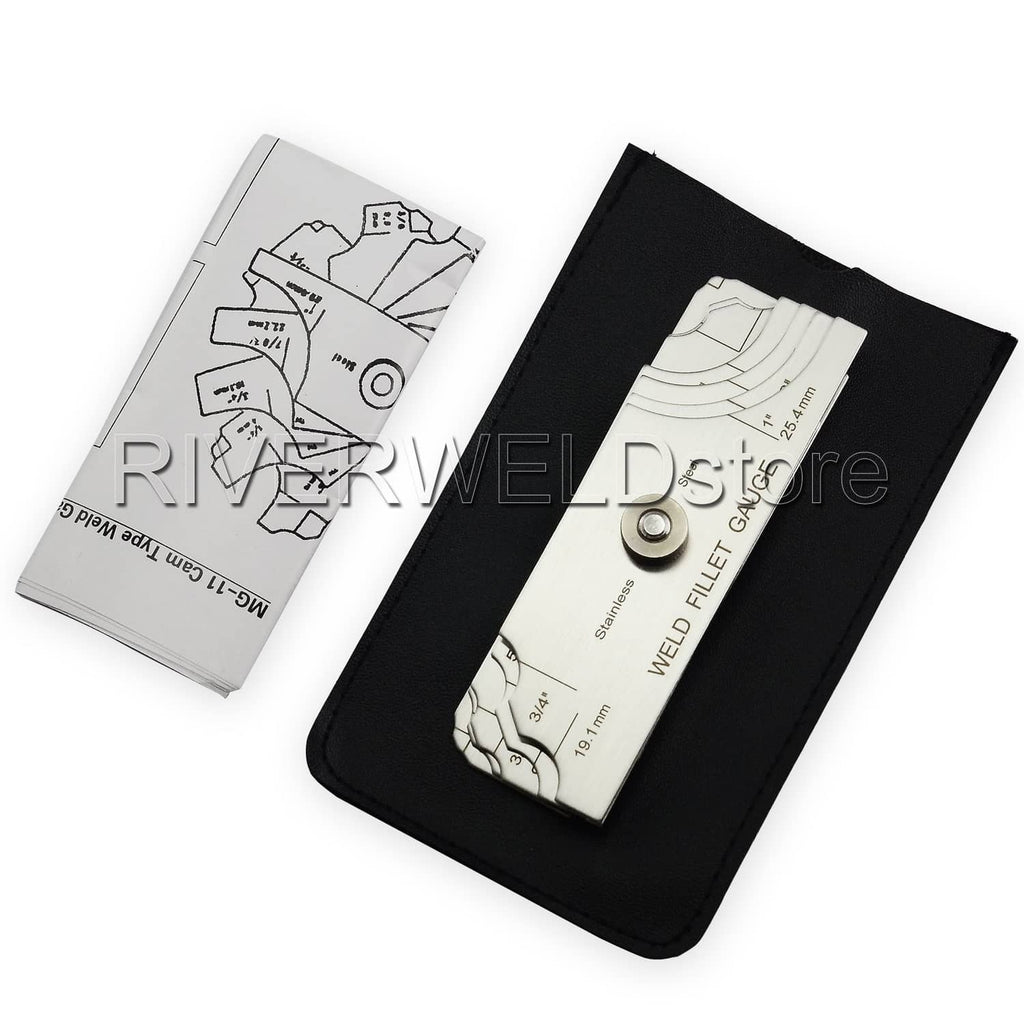 Weld fillet gauge in black storage case with pivot and etched weld size markings