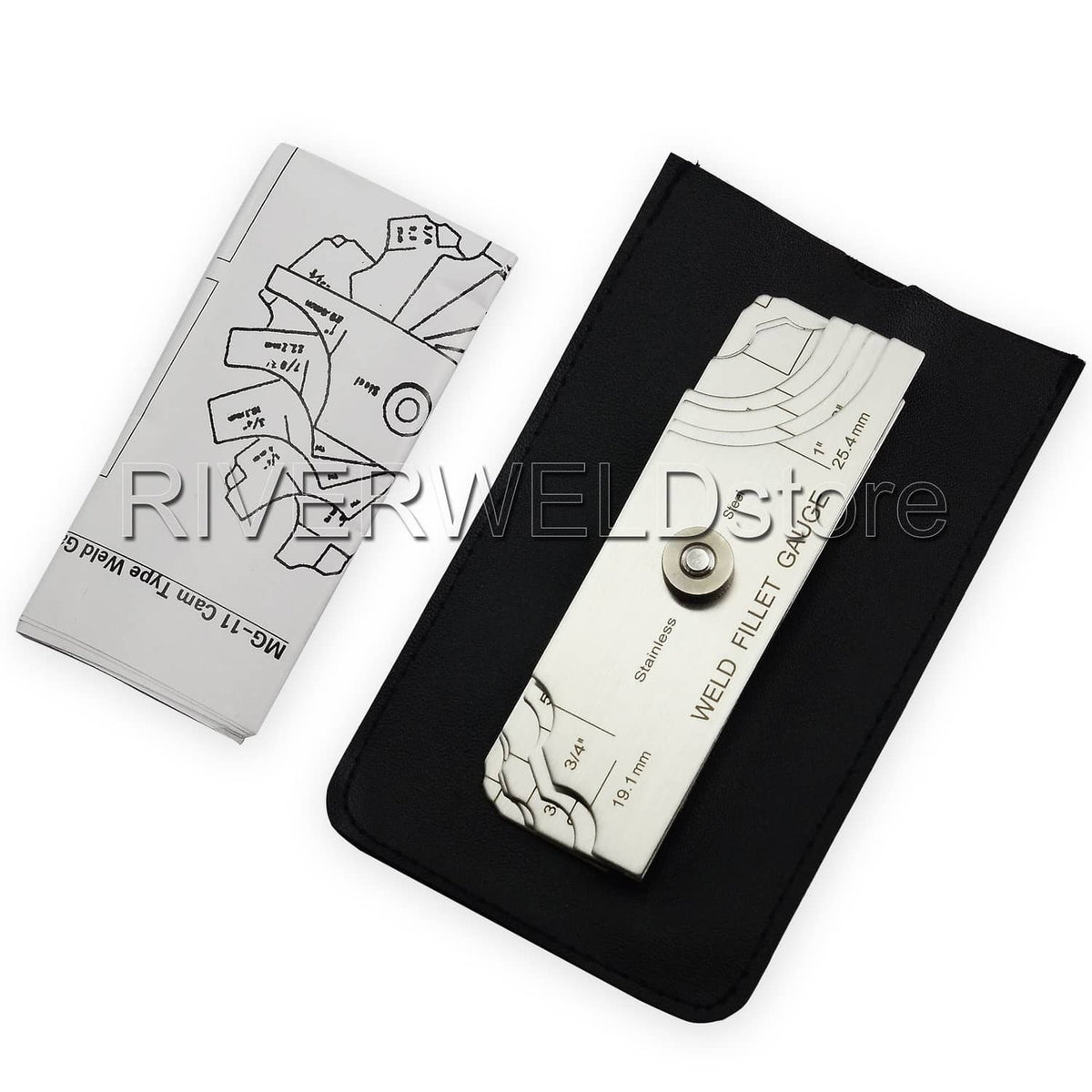 Weld fillet gauge in black storage case with pivot and etched weld size markings