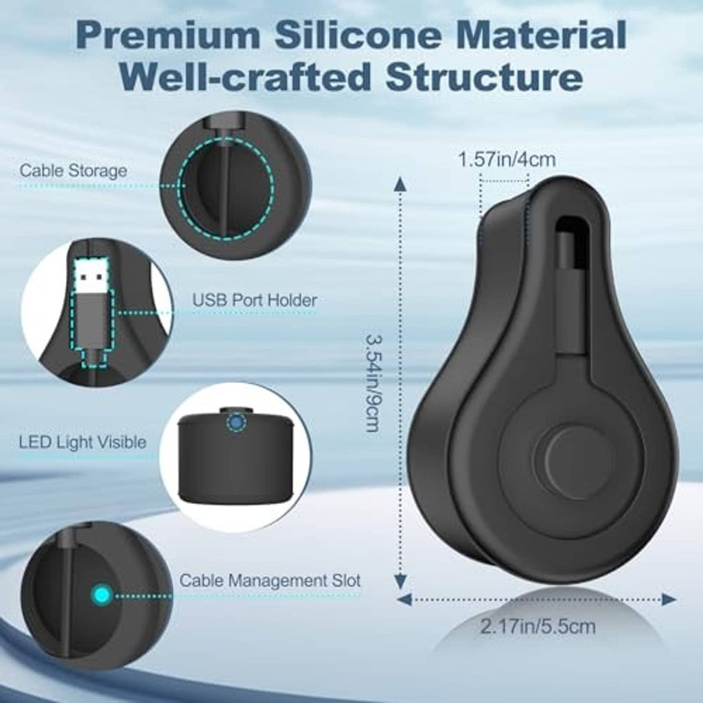 Black silicone charger stand with cable storage loop, side port holder, circular base