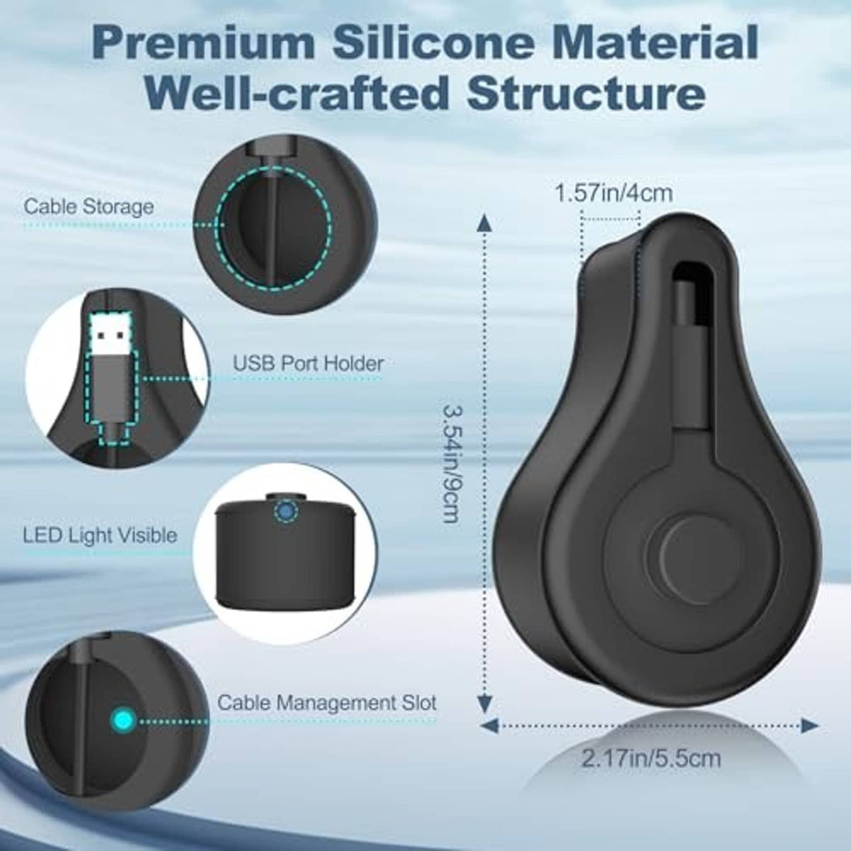 Black silicone charger stand with cable storage loop, side port holder, circular base