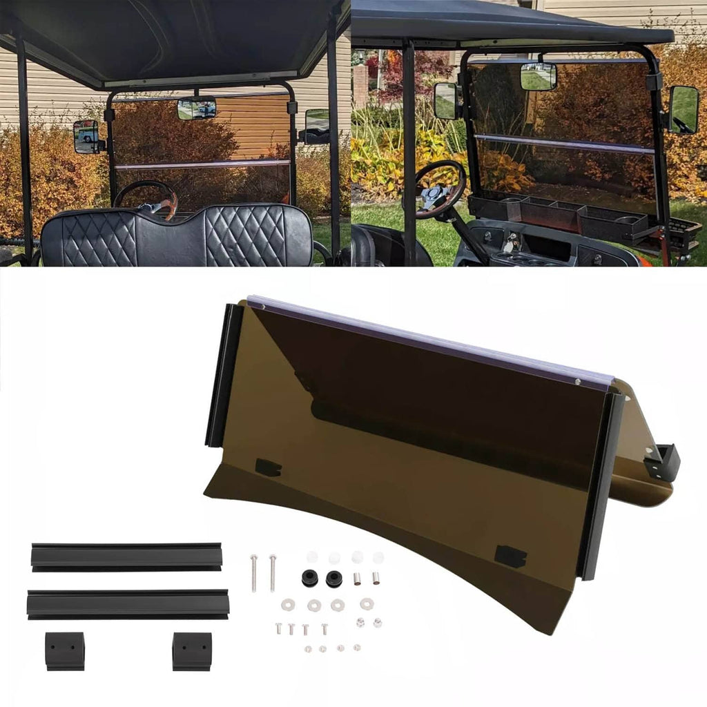Fold-down tinted golf cart windshield, dark smoky panel with black frame and brackets.