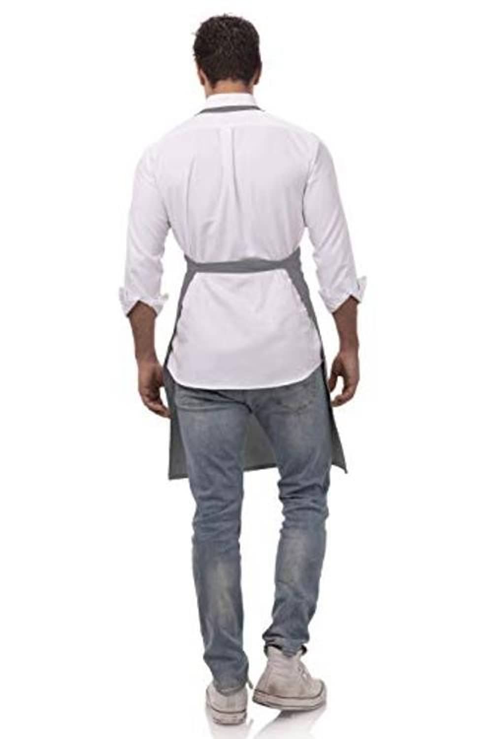 Gray butcher apron back view with waist ties and neck strap