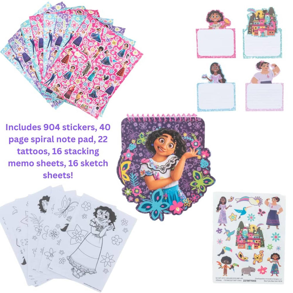 Encanto art set with sticker sheets, spiral notepad, sketch sheets, stamp shapes, and tattoos