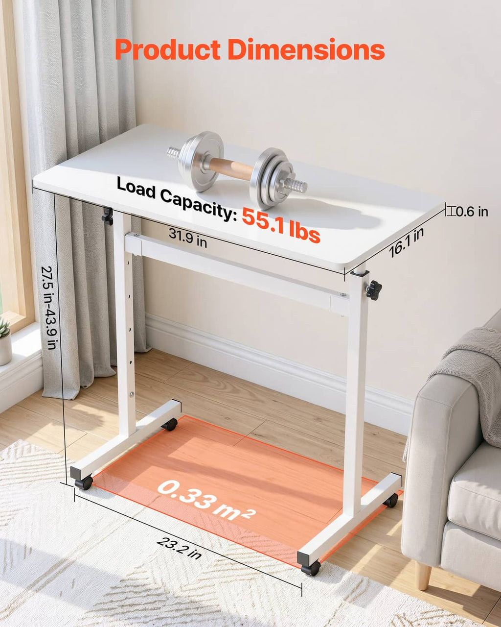 Uimoso standing desk side view with height adjustment knob, reinforced frame, and rolling casters