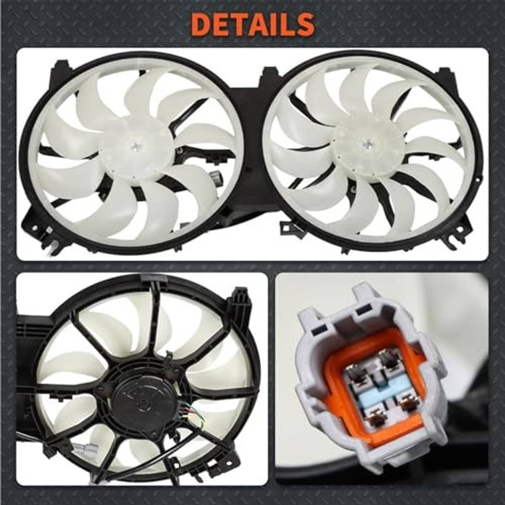 Dual radiator fans detail view with connector and black mounting shroud