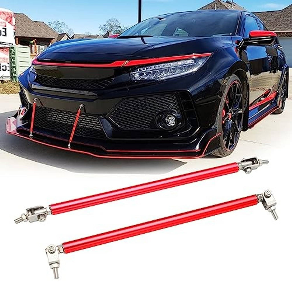 Pair of red adjustable front bumper lip splitter strut rods with brackets