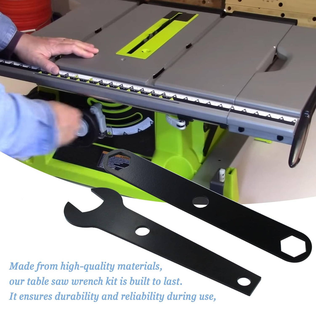 Black table saw blade wrench on table saw, hex open end and circular hole