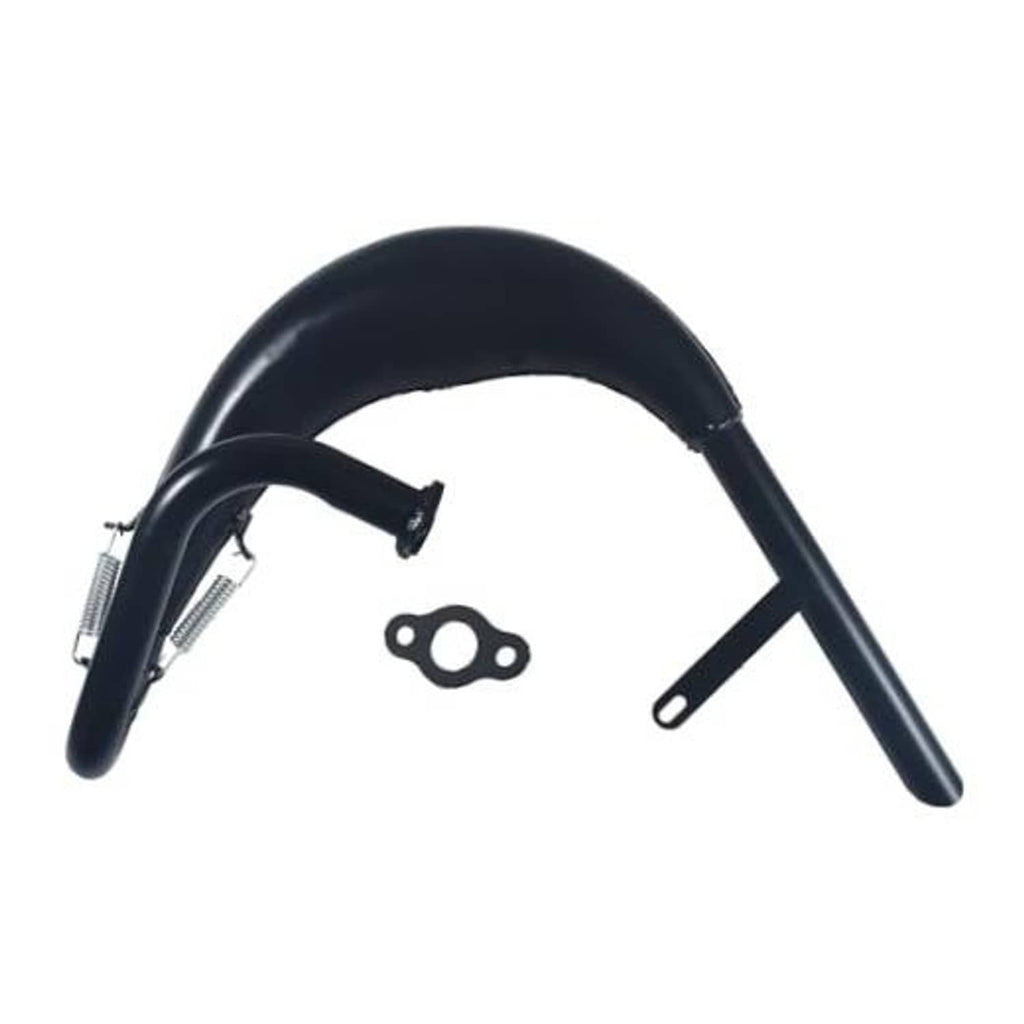Black motorcycle exhaust expansion chamber silencer pipe with mounting bracket and clamp