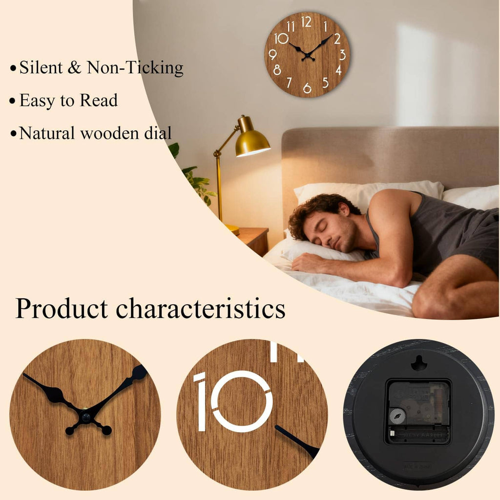 Round wooden wall clock with brown dial, white numerals, and black non-ticking hands