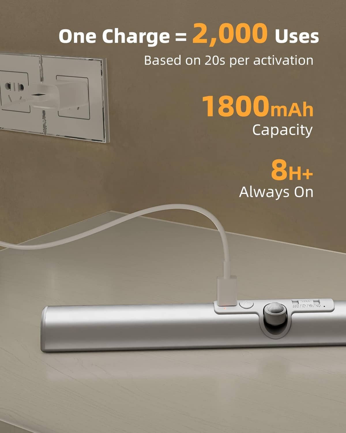 Rechargeable LED closet light bar with USB charging connection and on/off control