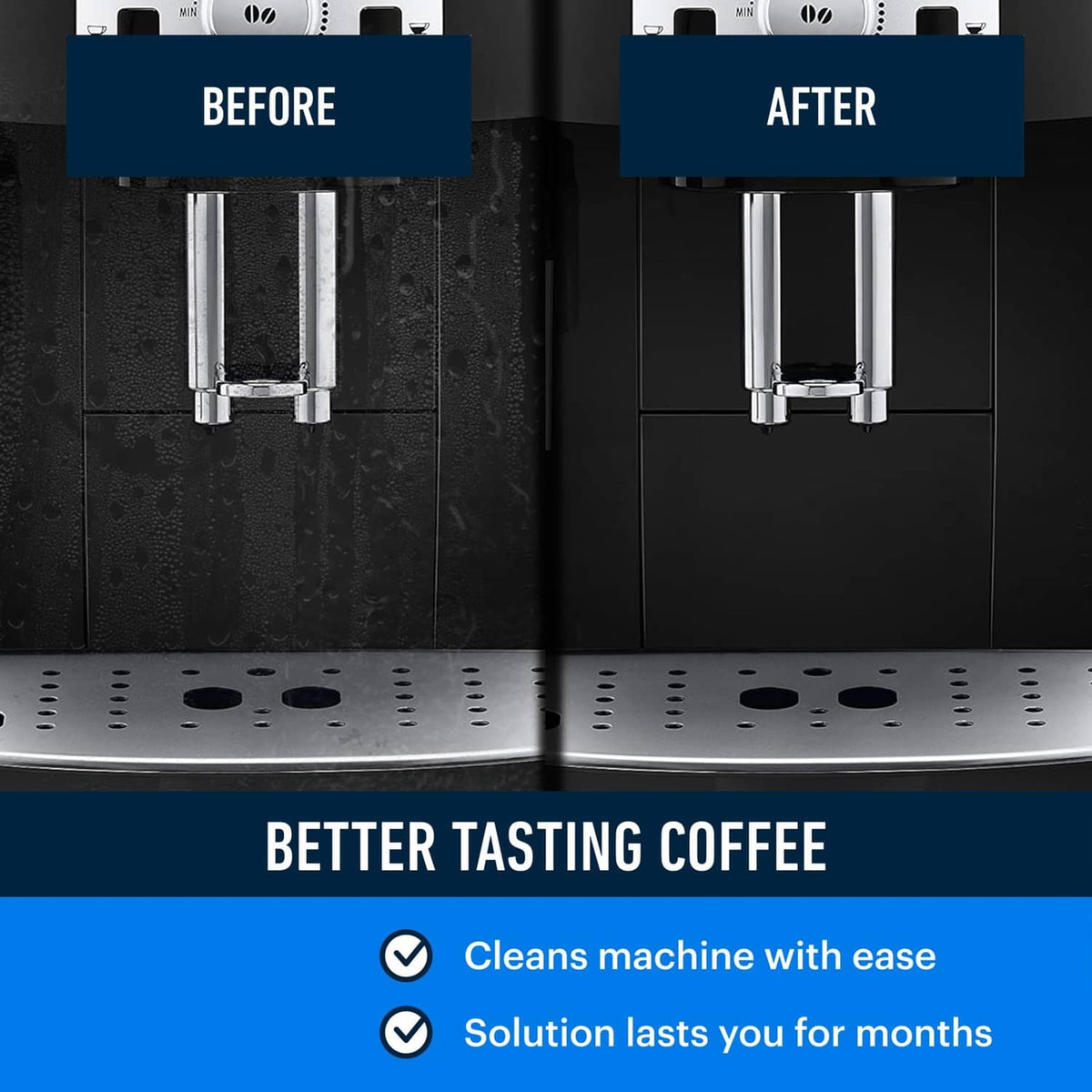 Two white descaling solution bottles with caps shown with coffee machine before/after