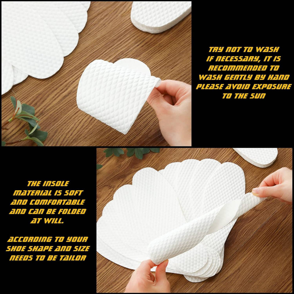 Disposable white shoe liners, foldable contoured pads with textured non-slip finish.