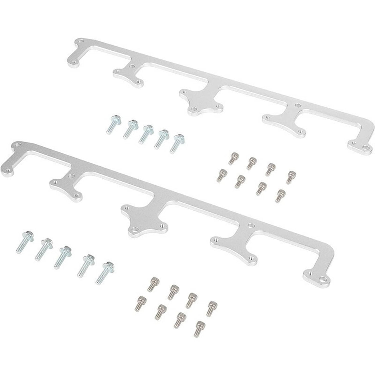 Set of silver billet aluminum coil brackets with included bolts, multiple mounting holes