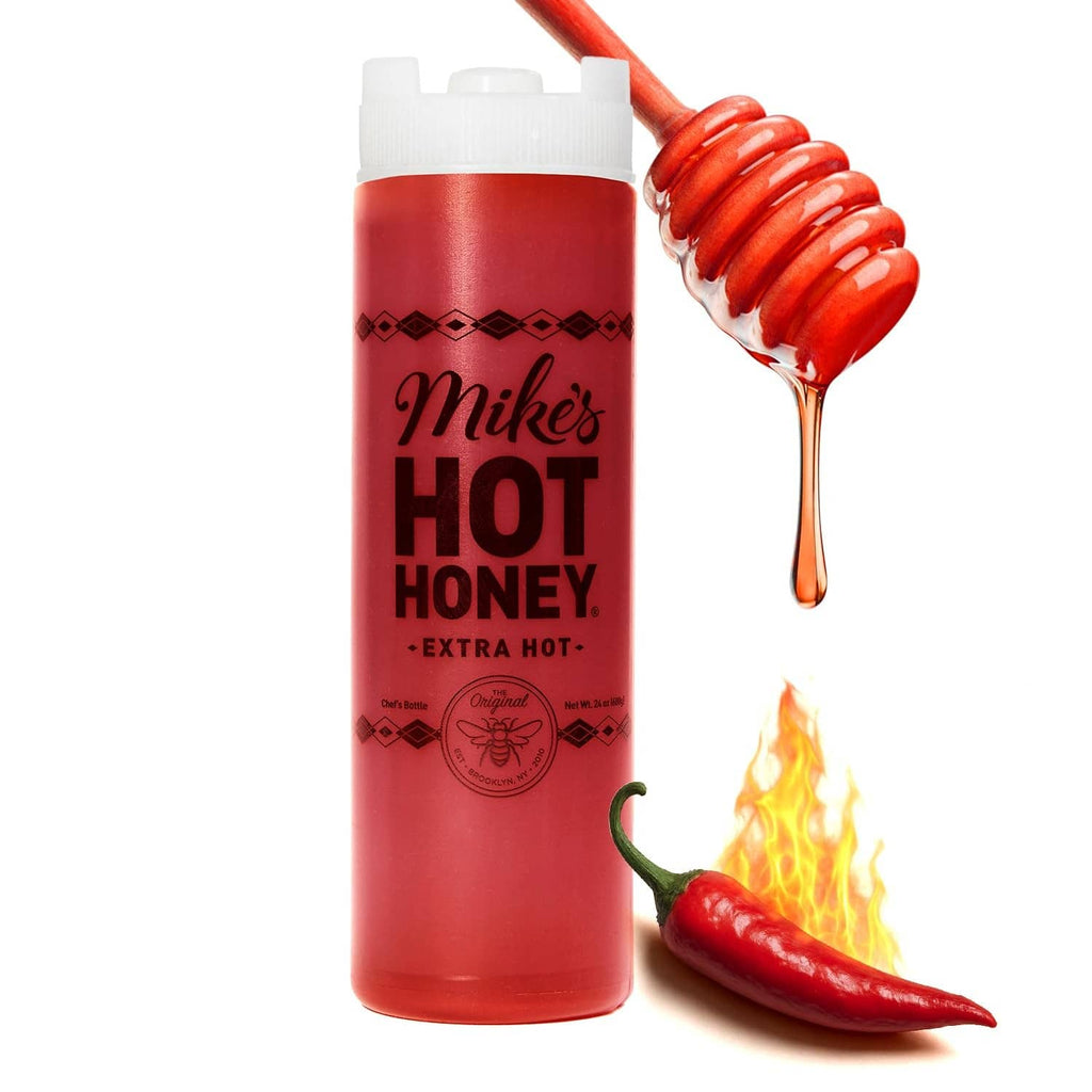 Extra hot honey squeeze bottle with red hot honey drizzle