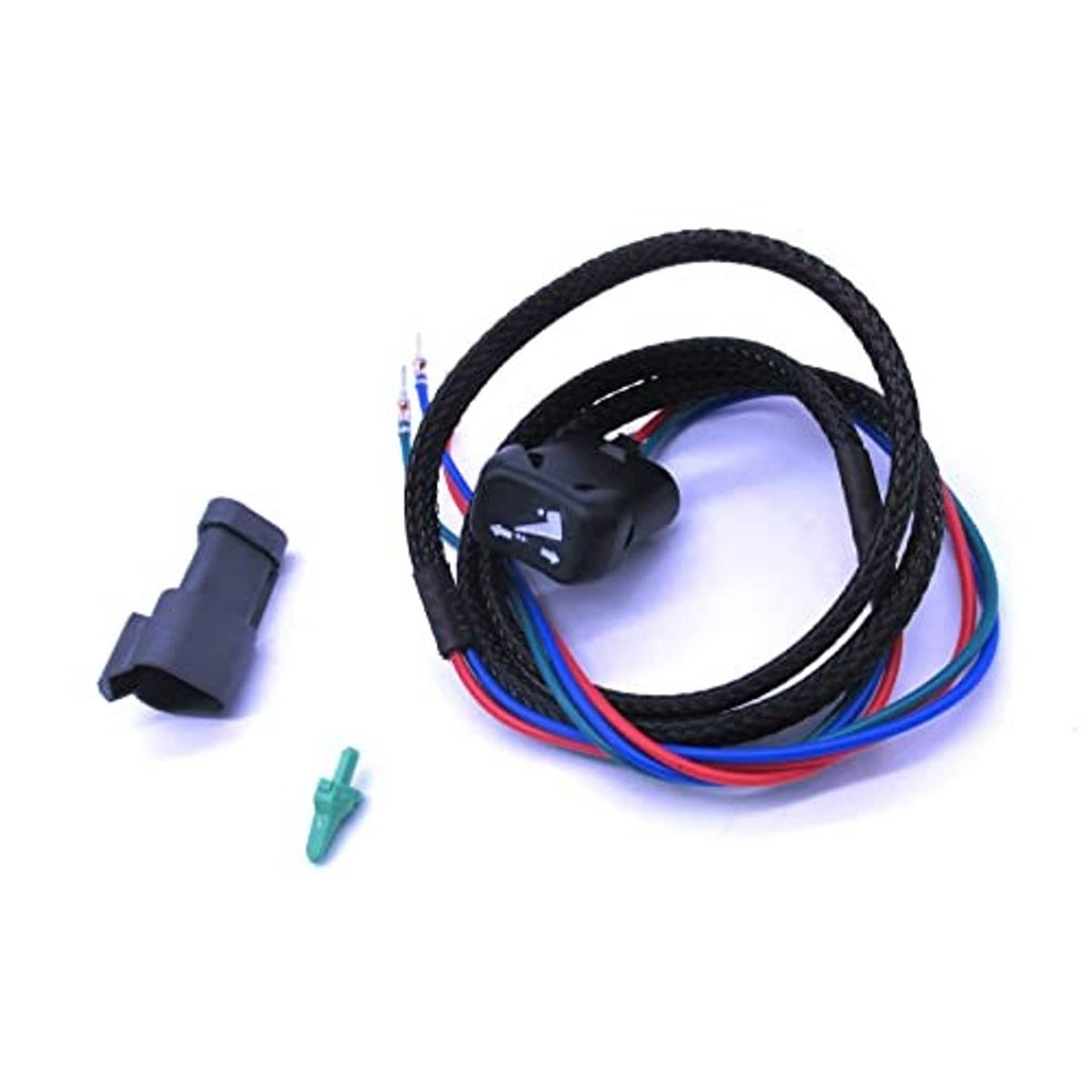 Trim tilt PTT switch wire harness with black switch body and coiled cable plus teal terminal
