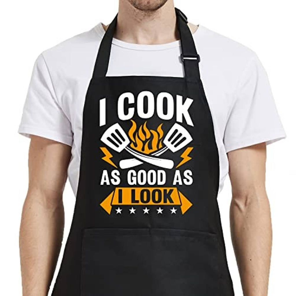 Black apron on person with front chest print, grill flames, and slogan lettering