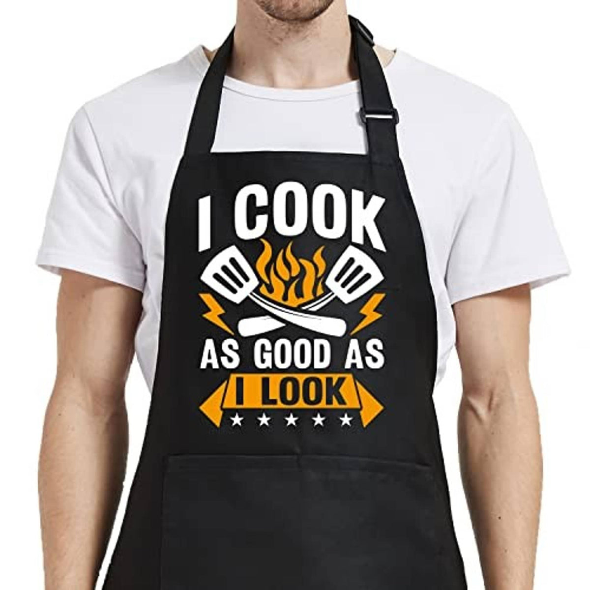 Black apron on person with front chest print, grill flames, and slogan lettering