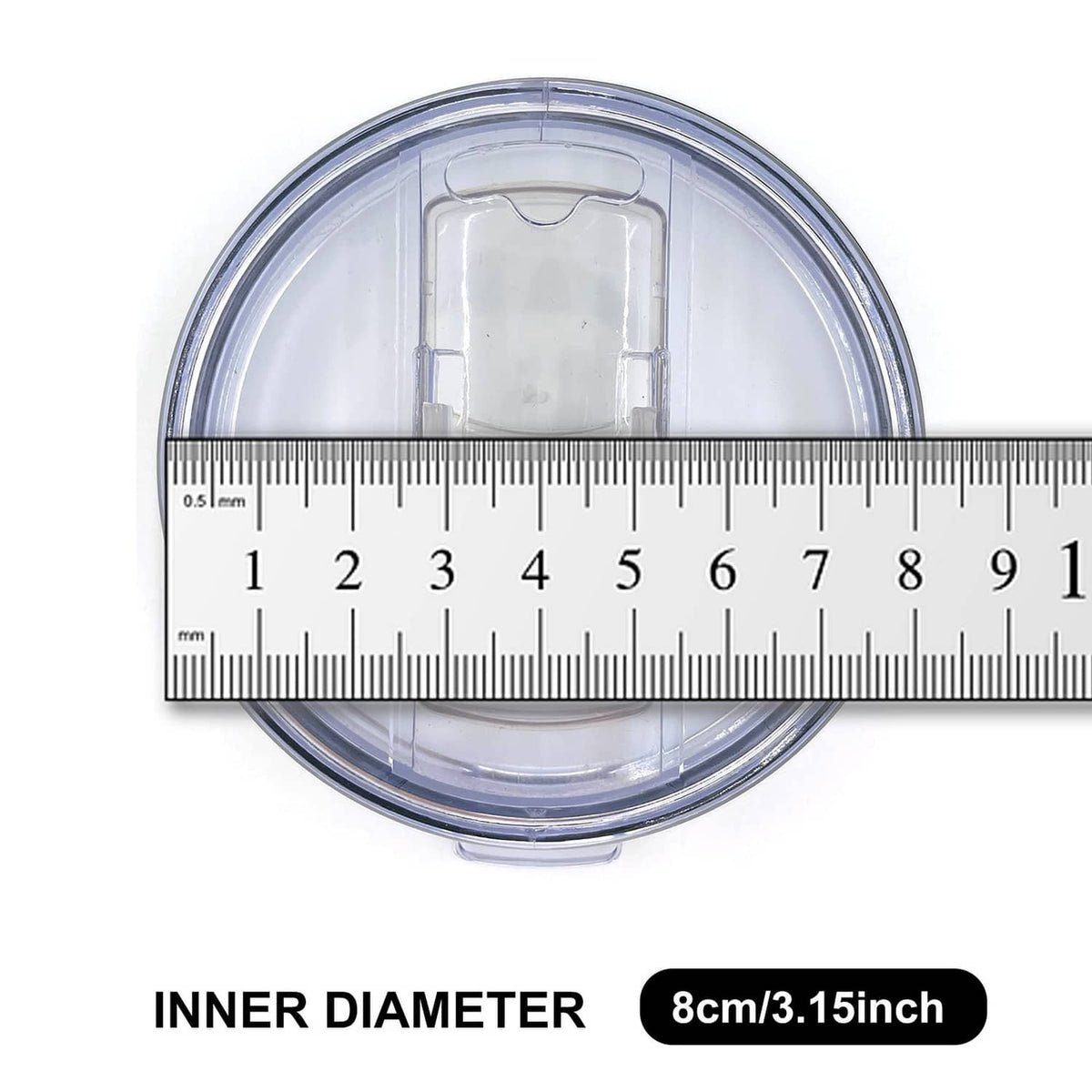 Clear round lid insert area with inner frame and hinged tab; 8cm inner diameter