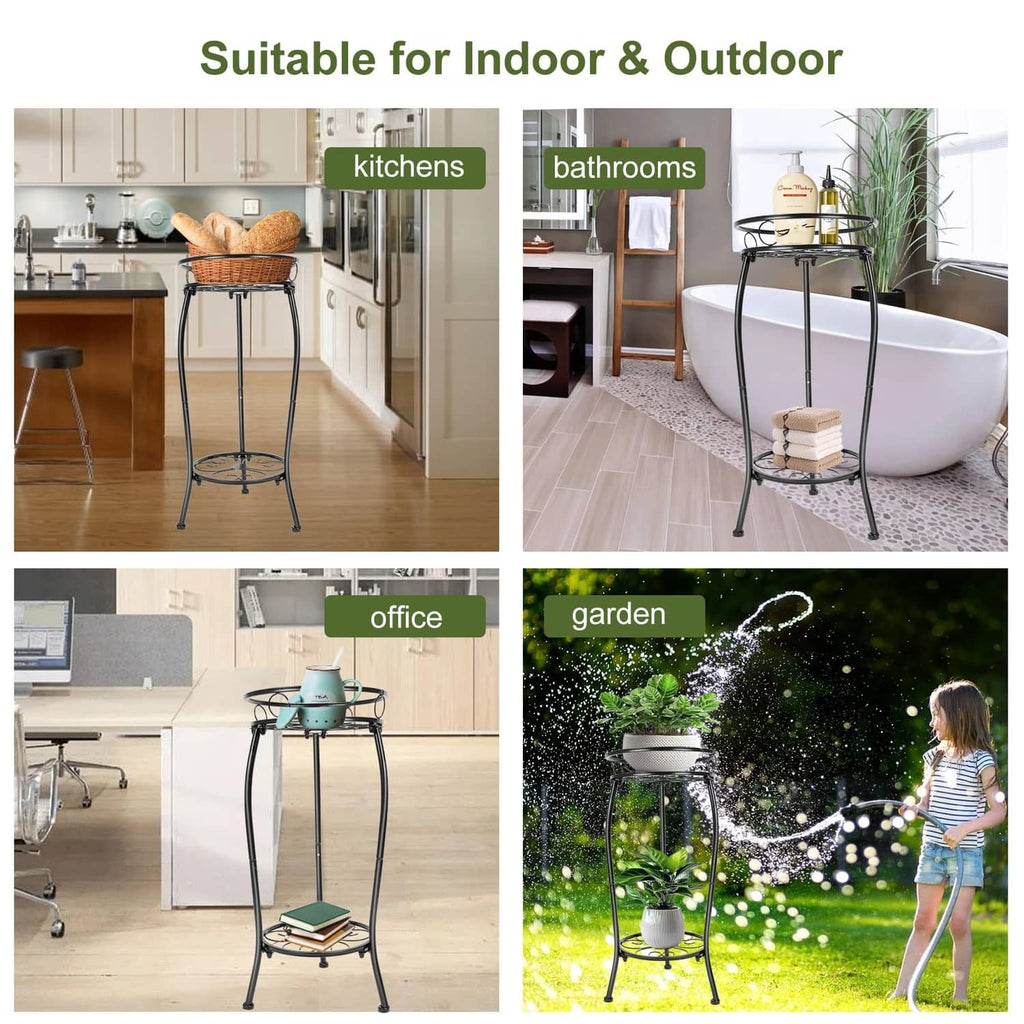 Black 2-tier metal plant stand on legs with two round shelves, shown in indoor and outdoor settings